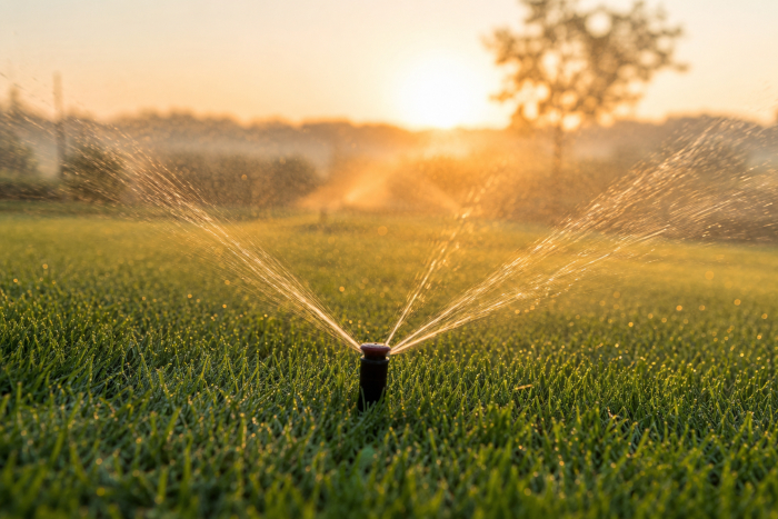 Sistema di irrigazione automatico che bagna un prato verde curato all'alba