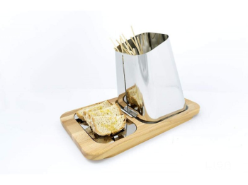 Lisa Gran Sasso Plus porte-brochettes en acier inoxydable poli base en bois de hêtre Lisa